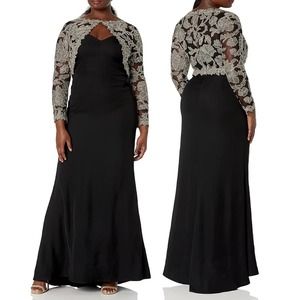 Tadashi Shoji Black Darya Embroidered Lace Evening Gown Size 16
